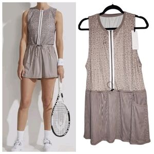 NWT Varley Lagoda Tennis Dress Taupe Mesh Leopard Cinch Waist Zip Front Size M